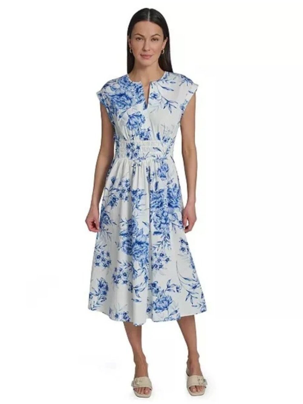 Calvin Klein Women's Size 8 Floral Smocked V-Neck Cap Sleeves A-Line Midi Dress